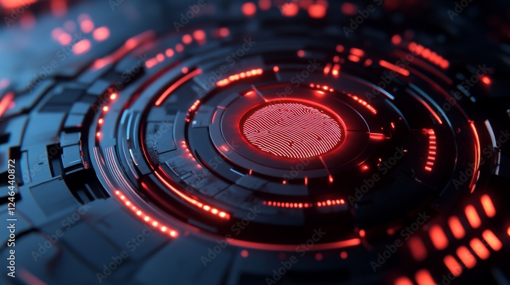 Poster futuristic digital security system with fingerprint scanning visuals