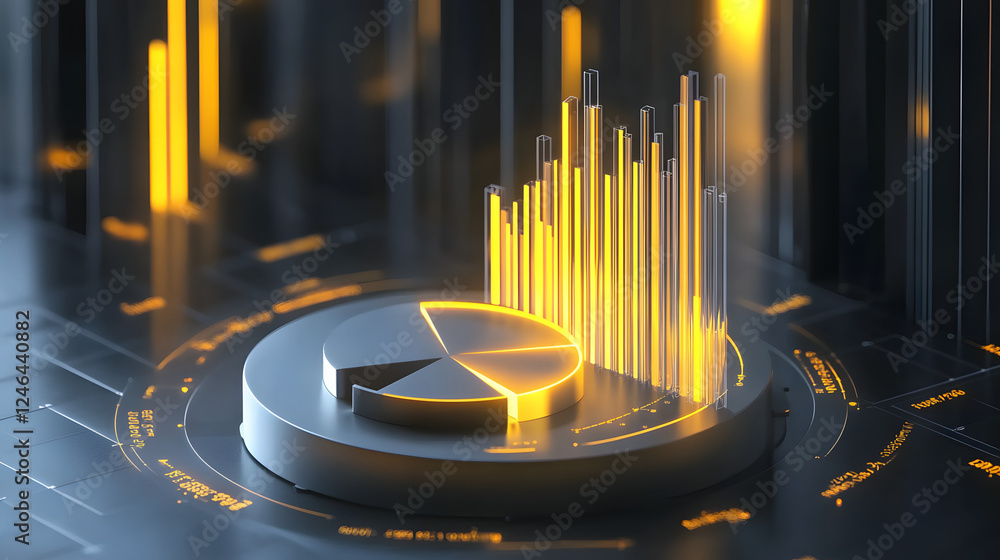 Poster cute isometric 3d image of 3d pie chart and bar chart in realistic metallic silver illuminated by ne