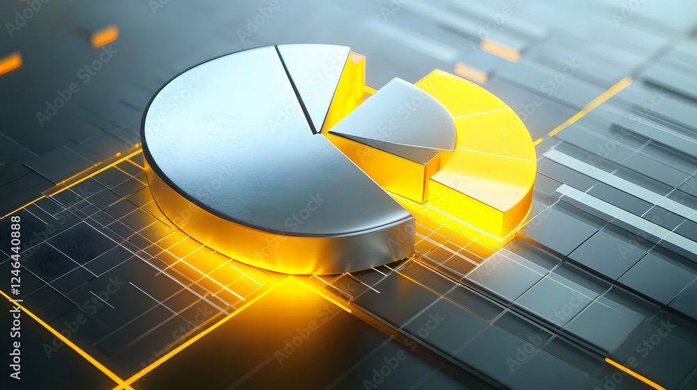 Poster cute isometric 3d image of 3d pie chart and bar chart in realistic metallic silver illuminated by ne