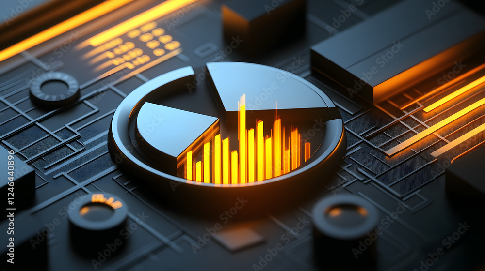 Poster cute isometric 3d image of 3d pie chart and bar chart in realistic metallic silver illuminated by ne