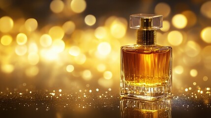 High-end perfume bottle with golden accents and a soft glowing background.