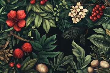 Fototapeta premium lush forest elements collection, detailed botanical illustrations, vintage natural history style