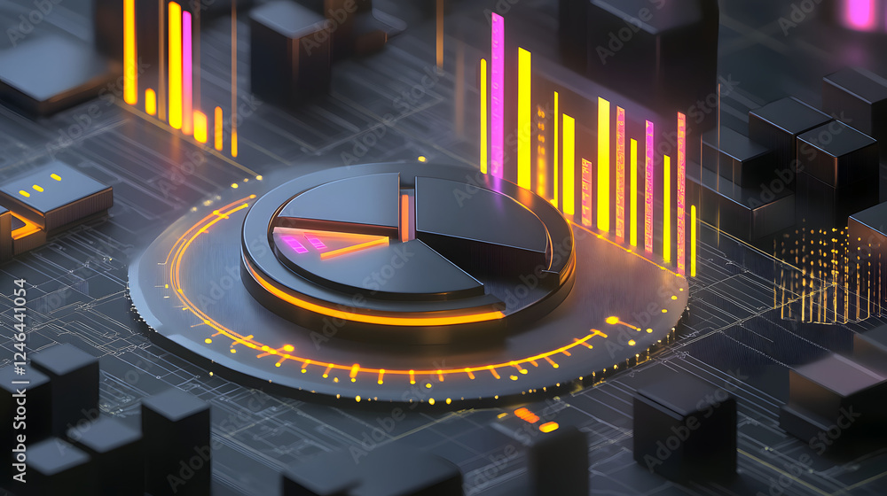 Poster cute isometric 3d image of 3d pie chart and bar chart in realistic metallic silver illuminated by ne
