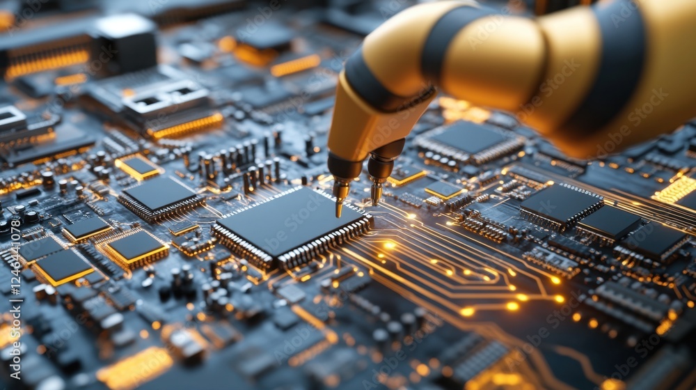 Poster a robotic arm assembling microchips in a futuristic technology-inspired setting.