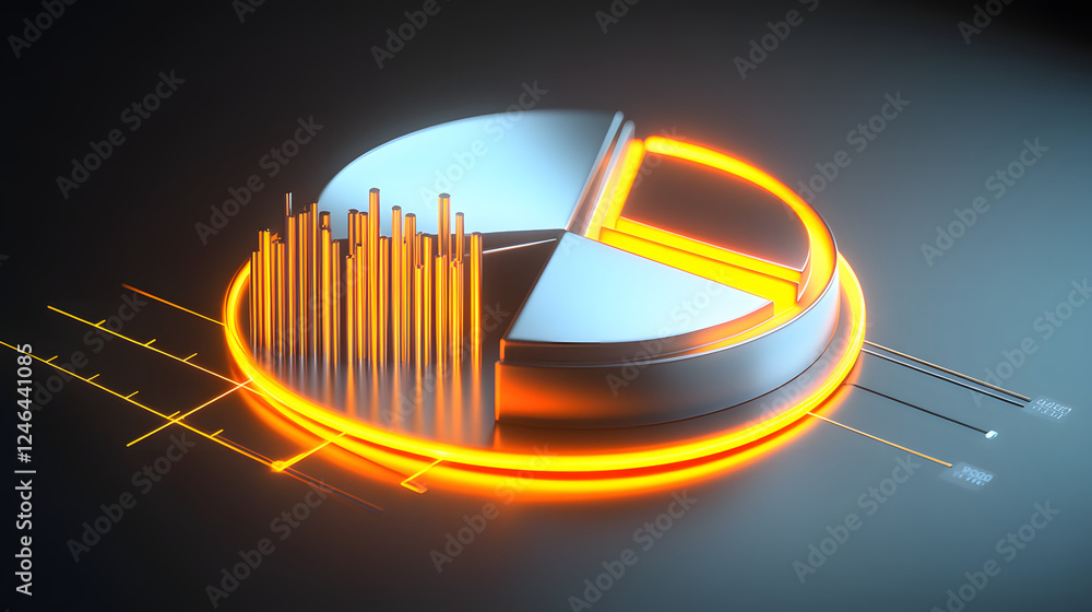Poster cute isometric 3d image of 3d pie chart and bar chart in realistic metallic silver illuminated by ne