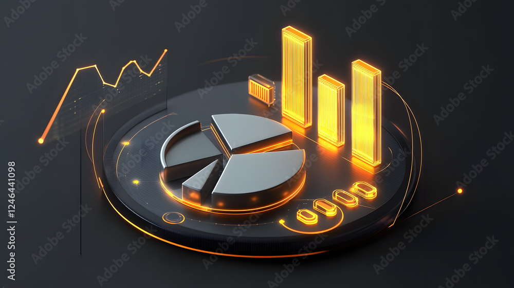 Poster cute isometric 3d image of 3d pie chart and bar chart in realistic metallic silver illuminated by ne