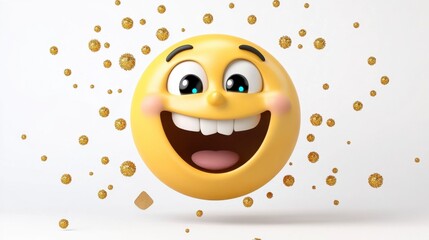 Cheerful 3D cartoon smiley face with sparkling golden confetti