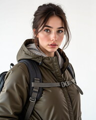 Stylish Young Woman in Outdoor Jacket with Backpack Ready for Adventure