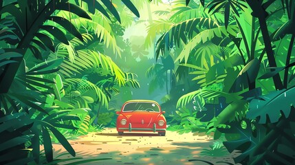 A cartoon-style illustration of a red car driving through a lush, green jungle.
