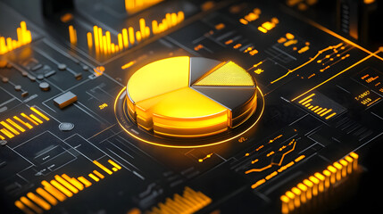Cute isometric 3D image of 3D pie chart and bar chart in realistic metallic silver illuminated by neon yellow. add floating, transparent charts and circular measurement tools. ensure perfect shapes an