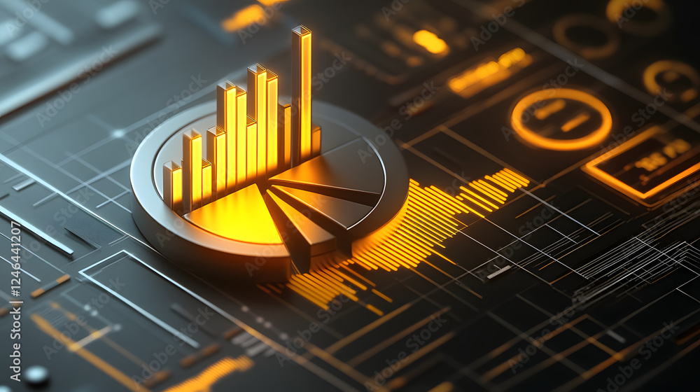 Poster Cute isometric 3D image of 3D pie chart and bar chart in realistic metallic silver illuminated by neon yellow. add floating, transparent charts and circular measurement tools. ensure perfect shapes an