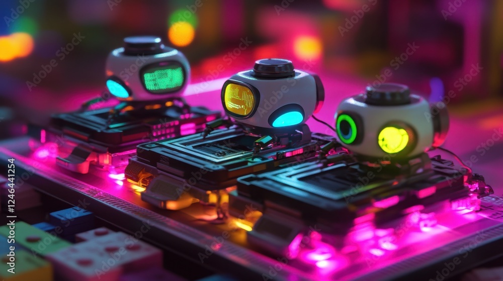 Poster a robotic manufacturing system assembling high-tech components with glowing accents.