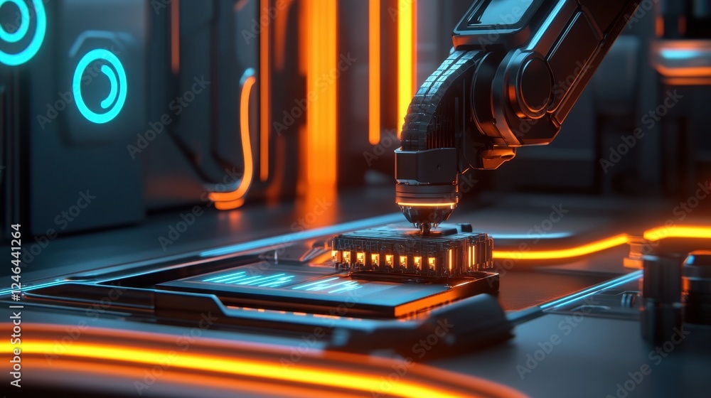 Poster a robotic manufacturing system assembling high-tech components with glowing accents.