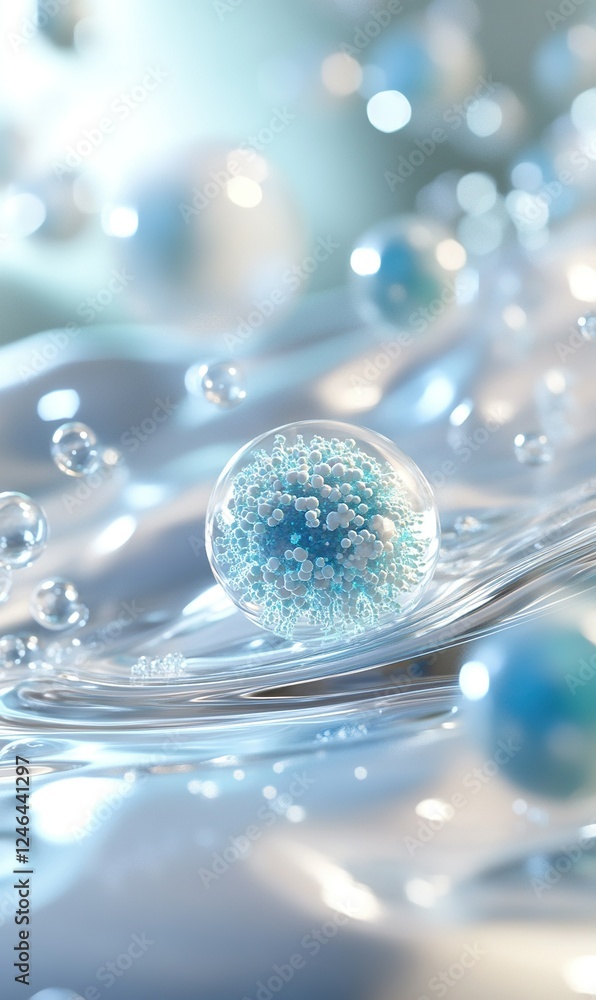 Poster abstract blue particles in a transparent sphere on a fluid surface with bubbles