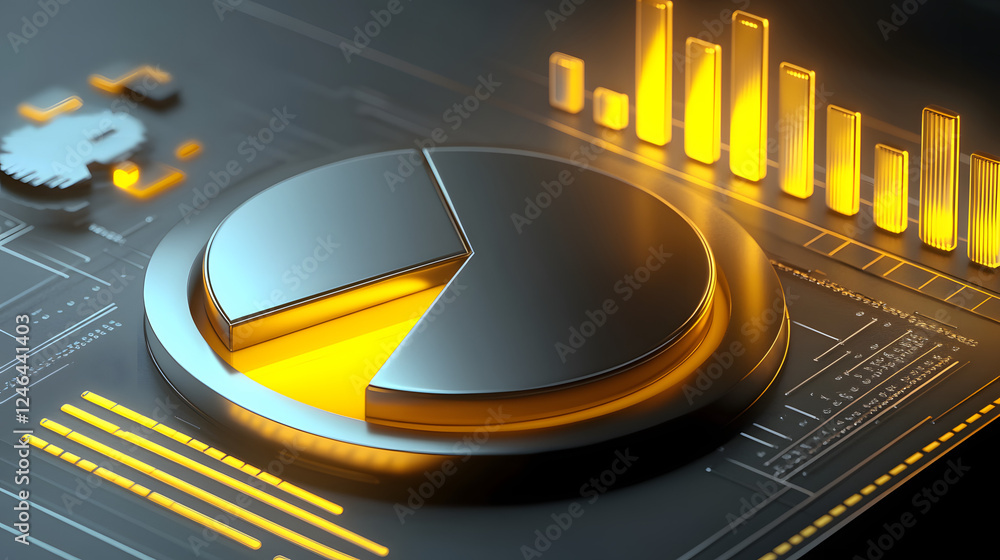 Poster cute isometric 3d image of 3d pie chart and bar chart in realistic metallic silver illuminated by ne