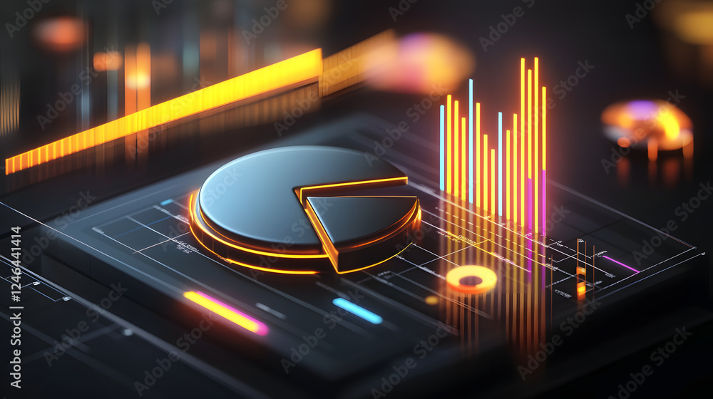 Poster cute isometric 3d image of 3d pie chart and bar chart in realistic metallic silver illuminated by ne