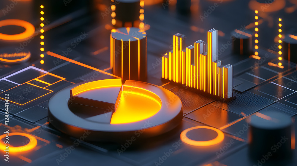 Poster cute isometric 3d image of 3d pie chart and bar chart in realistic metallic silver illuminated by ne
