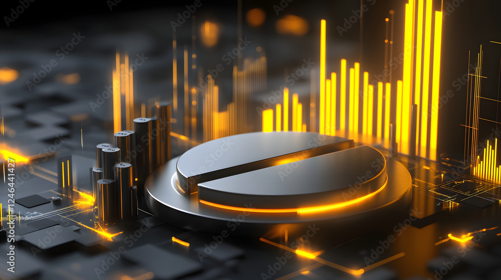 Poster cute isometric 3d image of 3d pie chart and bar chart in realistic metallic silver illuminated by ne