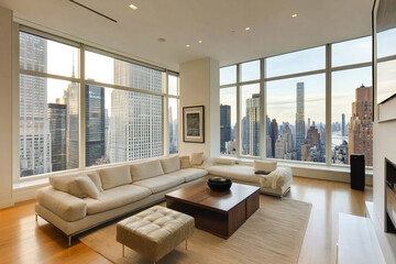 interior design of a modern living room in a New York City apartment
