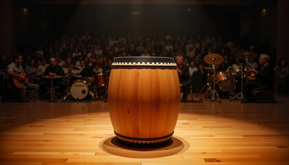 Taiko drum spotlighted on stage in concert hall, musical artistry