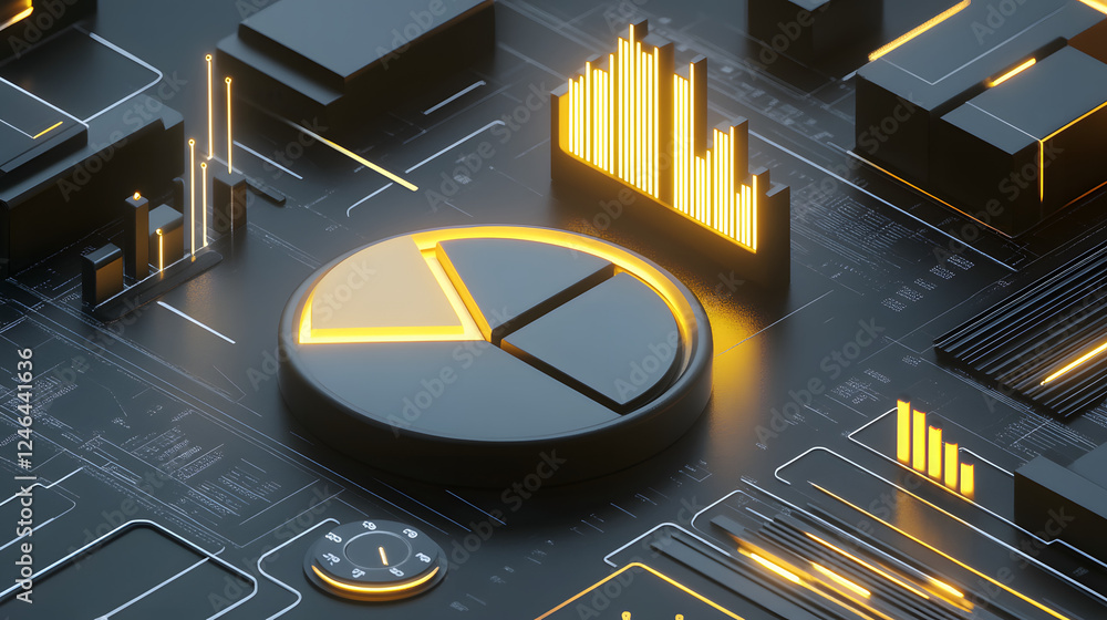 Poster cute isometric 3d image of 3d pie chart and bar chart in realistic metallic silver illuminated by ne