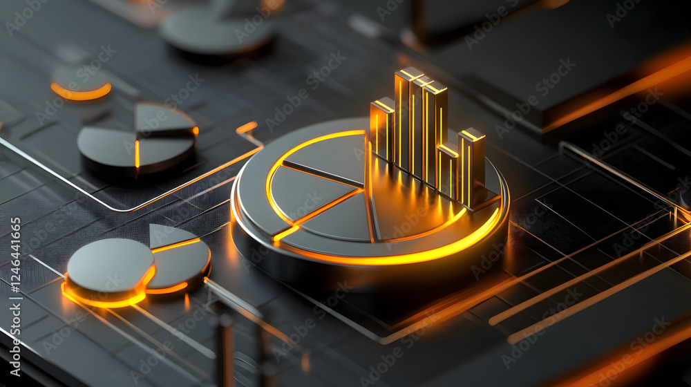 Poster cute isometric 3d image of 3d pie chart and bar chart in realistic metallic silver illuminated by ne