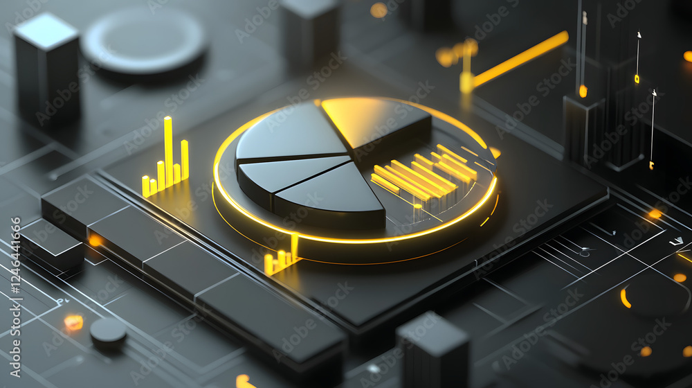 Poster cute isometric 3d image of 3d pie chart and bar chart in realistic metallic silver illuminated by ne