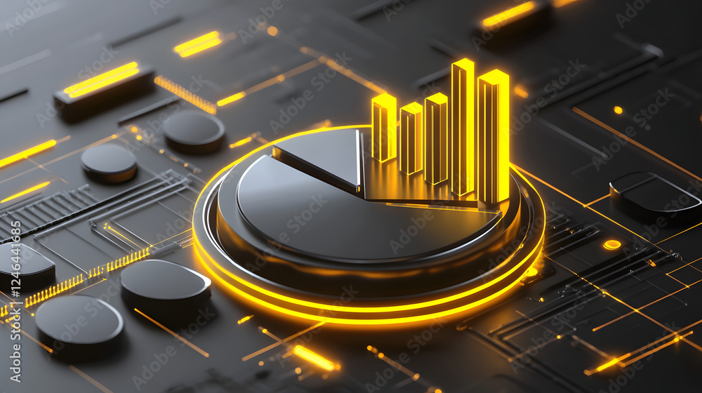 Poster cute isometric 3d image of 3d pie chart and bar chart in realistic metallic silver illuminated by ne