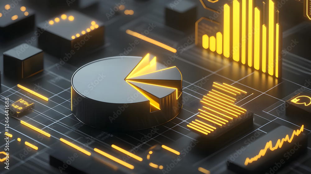 Poster cute isometric 3d image of 3d pie chart and bar chart in realistic metallic silver illuminated by ne