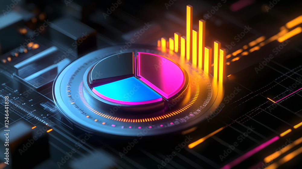 Poster cute isometric 3d image of 3d pie chart and bar chart in realistic metallic silver illuminated by ne