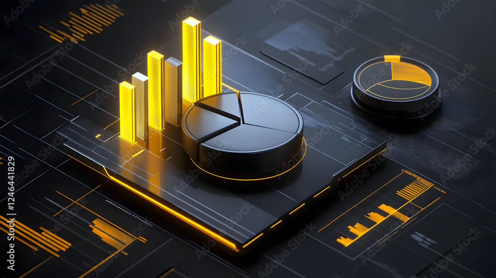 Poster cute isometric 3d image of 3d pie chart and bar chart in realistic metallic silver illuminated by ne