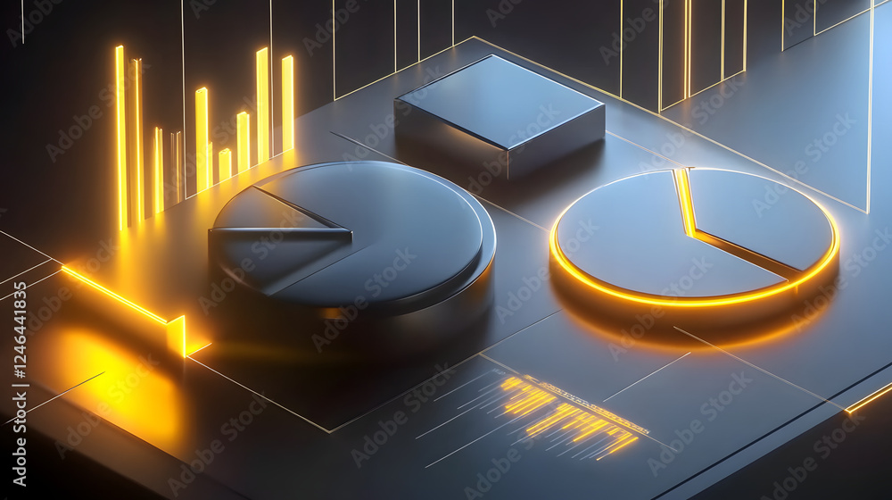 Poster cute isometric 3d image of 3d pie chart and bar chart in realistic metallic silver illuminated by ne