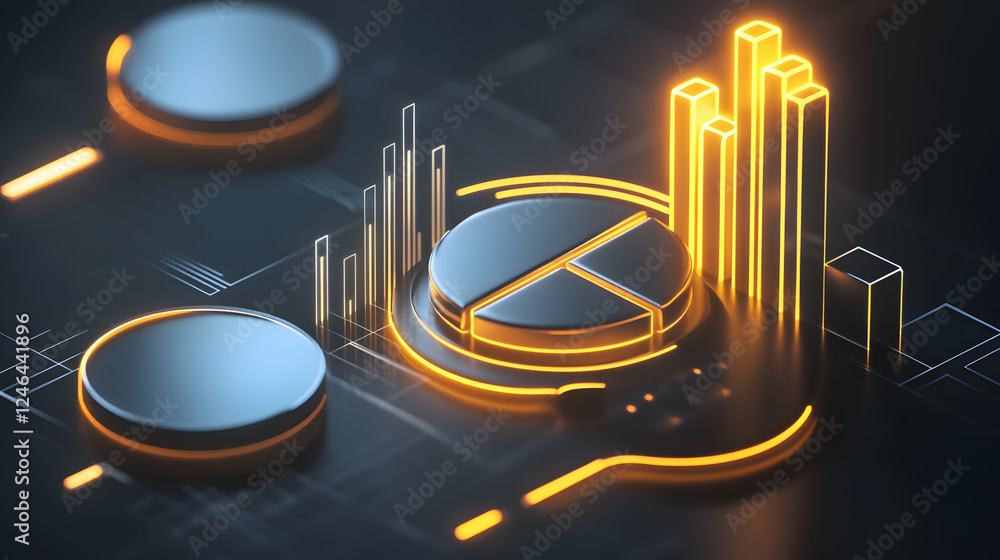 Poster cute isometric 3d image of 3d pie chart and bar chart in realistic metallic silver illuminated by ne