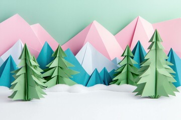 Colorful paper mountains and trees in a winter landscape, perfect for children s d cor or seasonal themes Green trees and pastel mountains evoke a whimsical feel