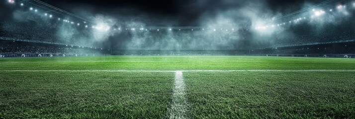 The stillness of an empty soccer pitch under night lights. 