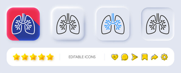 Lungs line icon. Neumorphic, Flat shadow, 3d buttons. Pneumonia disease sign. Respiratory distress symbol. Line lungs icon. Social media icons. Vector