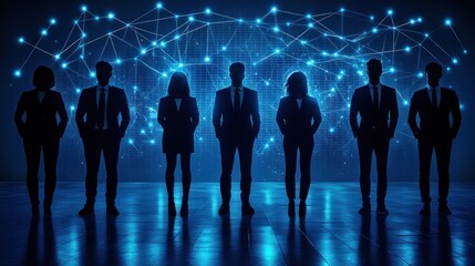 Silhouetted business team against a network background.