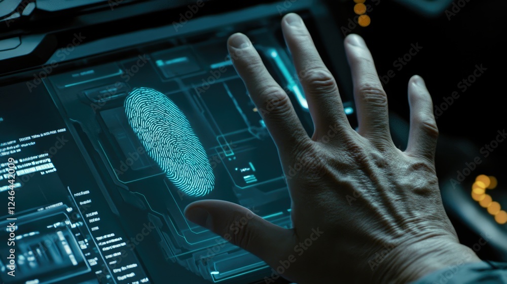 Poster high-tech fingerprint scanning interface with biometric security verification.
