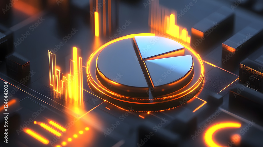 Poster cute isometric 3d image of 3d pie chart and bar chart in realistic metallic silver illuminated by ne
