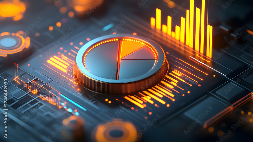 Poster cute isometric 3d image of 3d pie chart and bar chart in realistic metallic silver illuminated by ne
