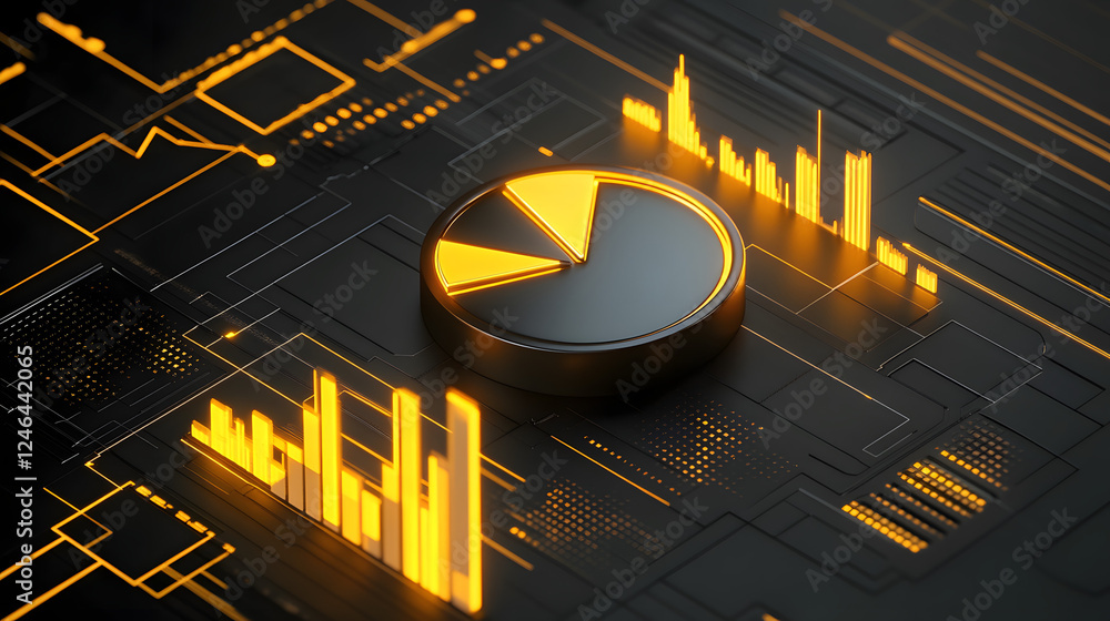 Poster cute isometric 3d image of 3d pie chart and bar chart in realistic metallic silver illuminated by ne