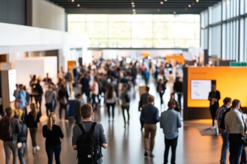 Attendees walk through a bustling convention hall, engaging with various booths and exhibits, while the atmosphere buzzes with activity and excitement