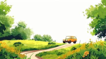 A cartoon style illustration of a car driving on a road through a grassy field with green trees on either side.