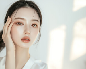 美肌の若くて綺麗なアジア人女性モデルの美容ポートレート。頬に手を当てるポーズをしている。