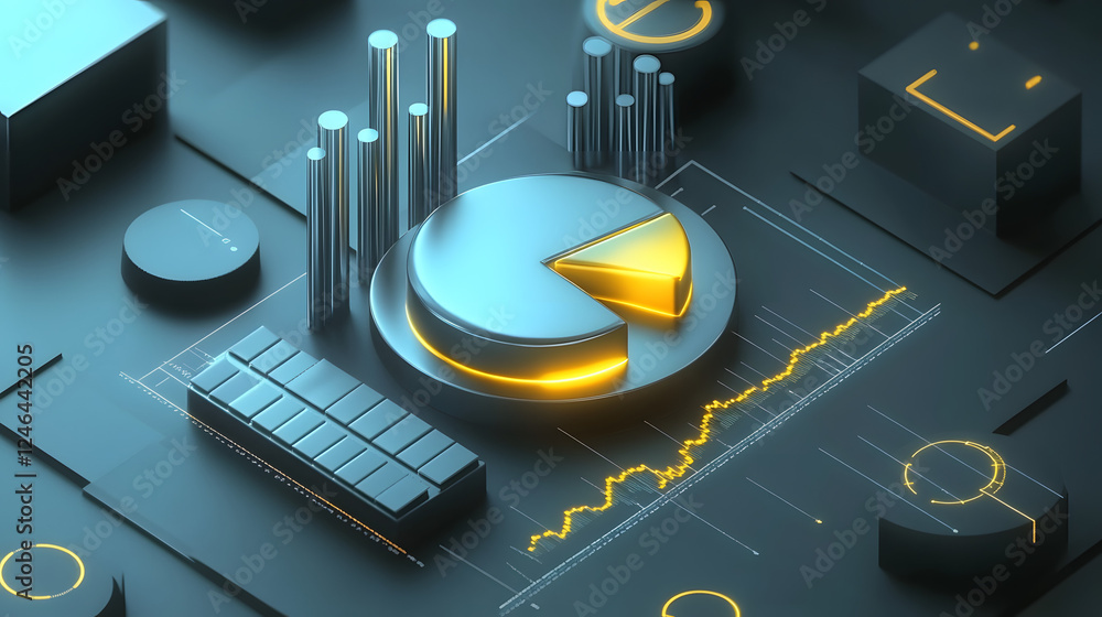 Poster cute isometric 3d image of 3d pie chart and bar chart in realistic metallic silver illuminated by ne