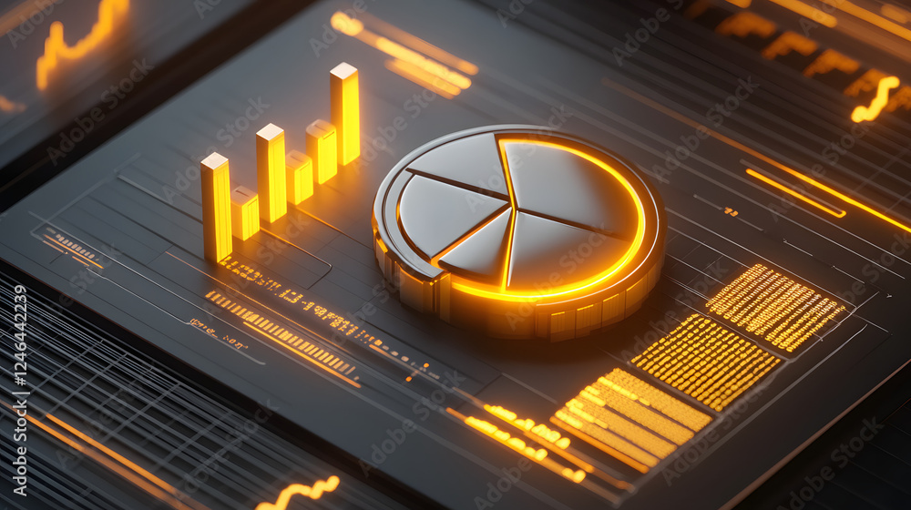 Poster cute isometric 3d image of 3d pie chart and bar chart in realistic metallic silver illuminated by ne