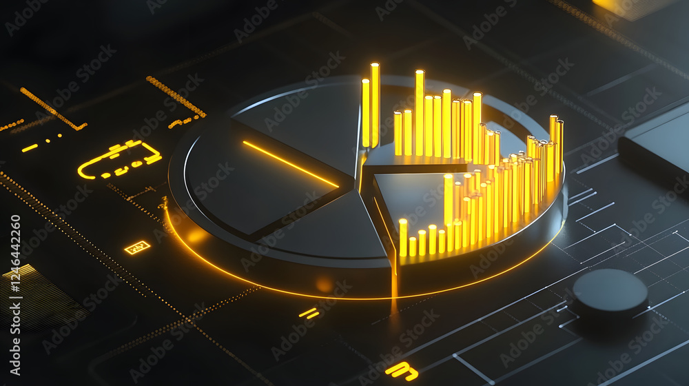 Poster cute isometric 3d image of 3d pie chart and bar chart in realistic metallic silver illuminated by ne