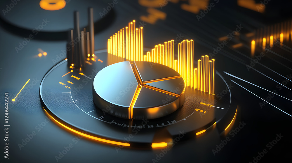 Poster cute isometric 3d image of 3d pie chart and bar chart in realistic metallic silver illuminated by ne