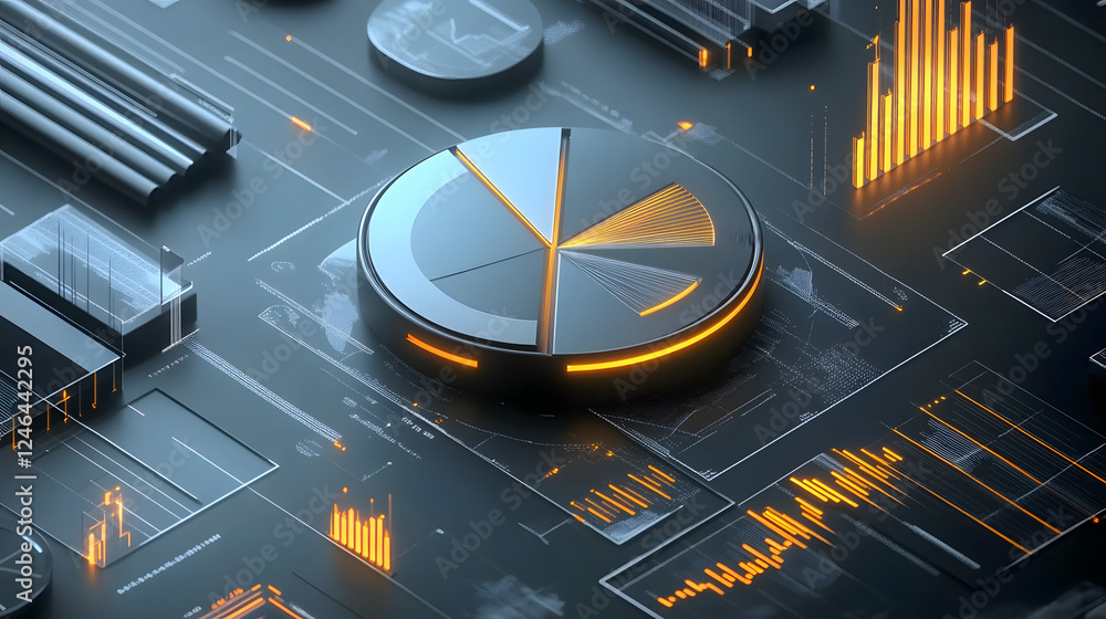 Poster cute isometric 3d image of 3d pie chart and bar chart in realistic metallic silver illuminated by ne