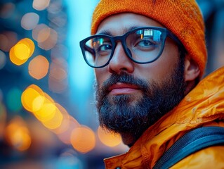 Confident and Accomplished Engineer Stands Before Futuristic Skyline Exuding Innovative Pride
